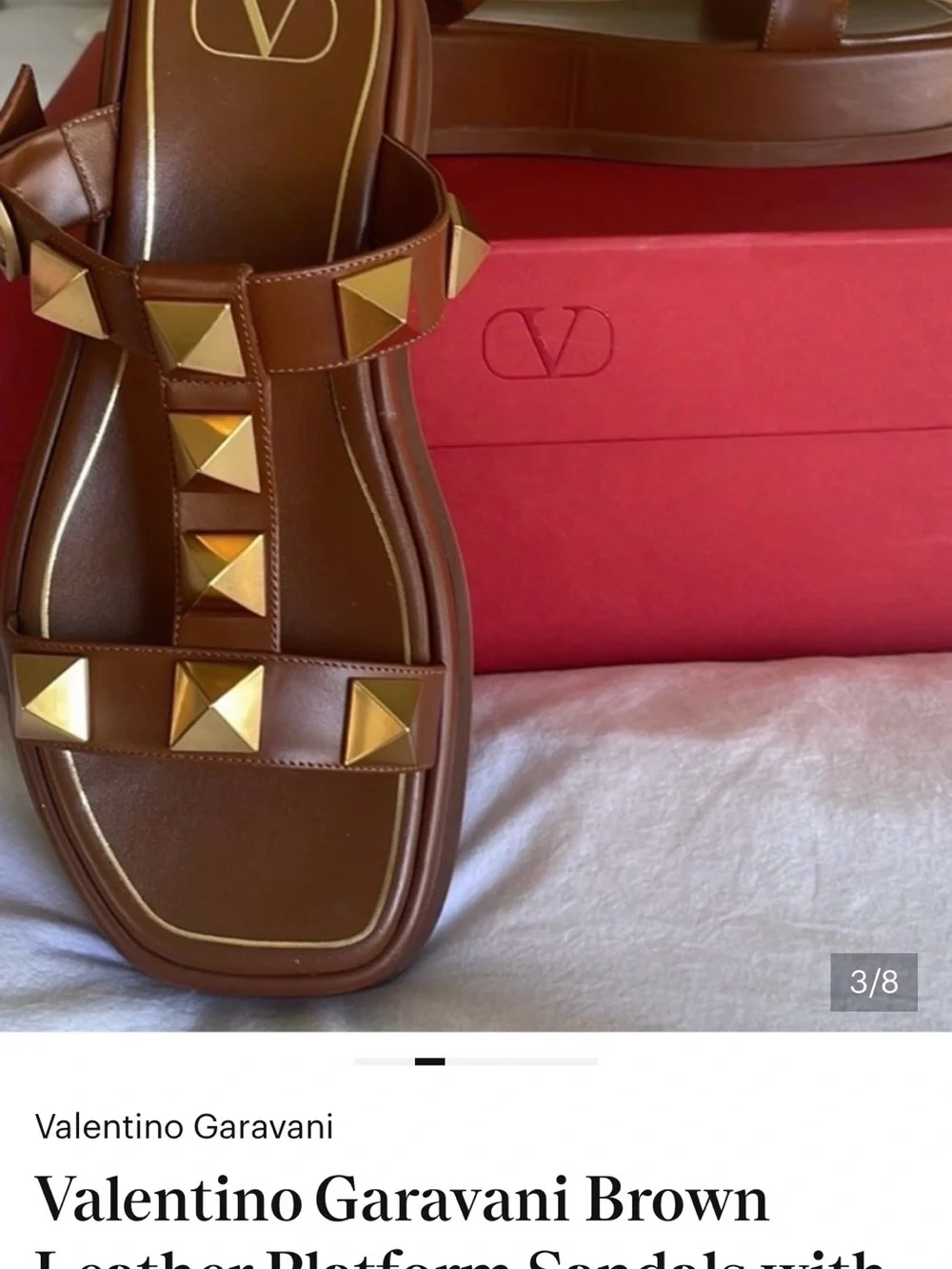 Valentino Garavani Chestnut Leather Platform Sandals with Gold Pyramid Studs